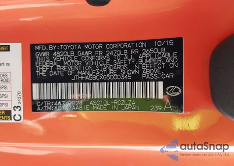 2016 Lexus Rc 200T from USA, damaged, VIN JTHHA5BCXG5000345